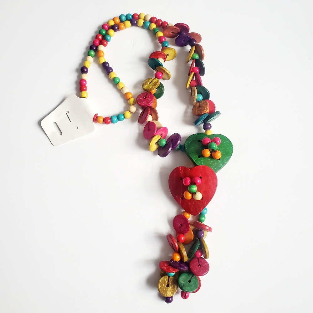 VTG Wood Beaded Long Necklace Colourful Hearts Dangly Bold Statement Boho Beachy